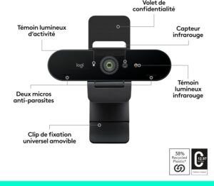 Logitech Brio Stream Webcam - Appels Vidéo HD Ultra 4K, Micro Anti-Bruit, Correction Automatique Lumière HD, Grand Angle, Compatible Microsoft Teams, Zoom, Google Meet PC / Mac - Noir